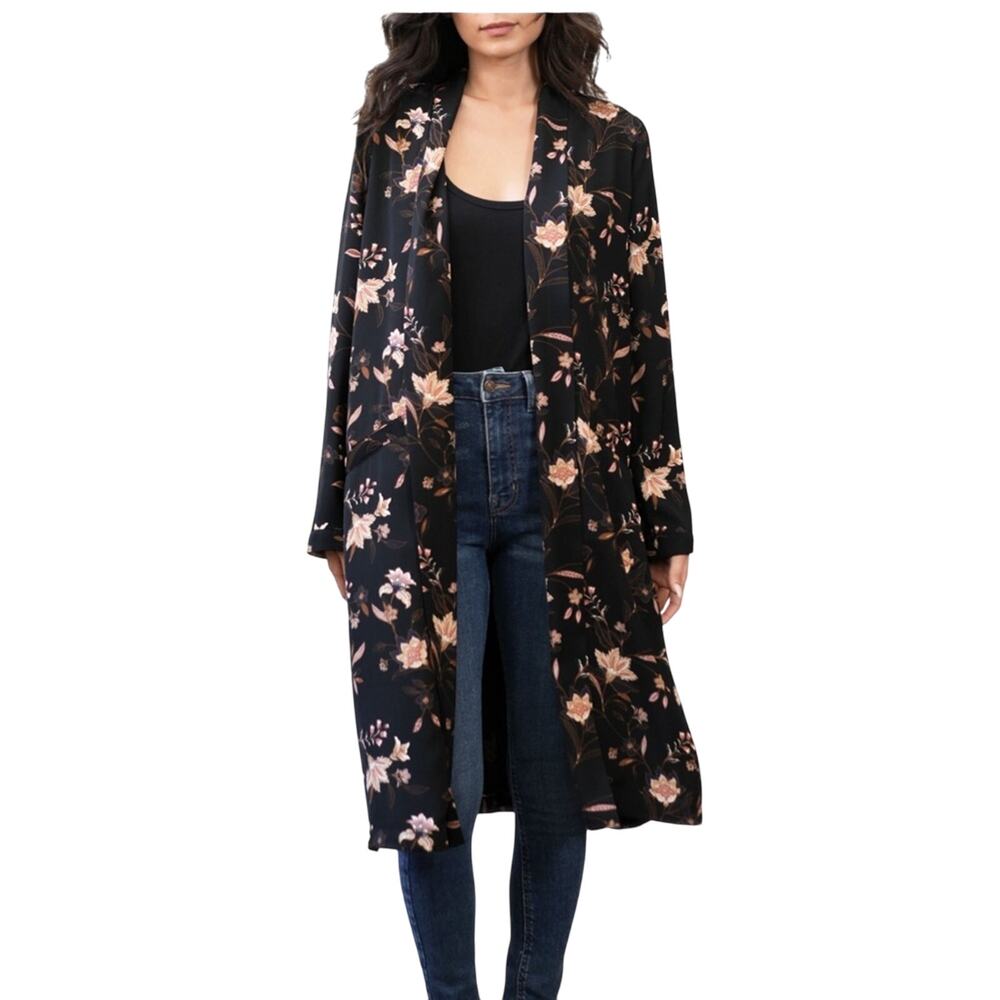 DR2 by Daniel Rainn Open Front Jacket Duster Kimono Dark Floral Sz Large NWT